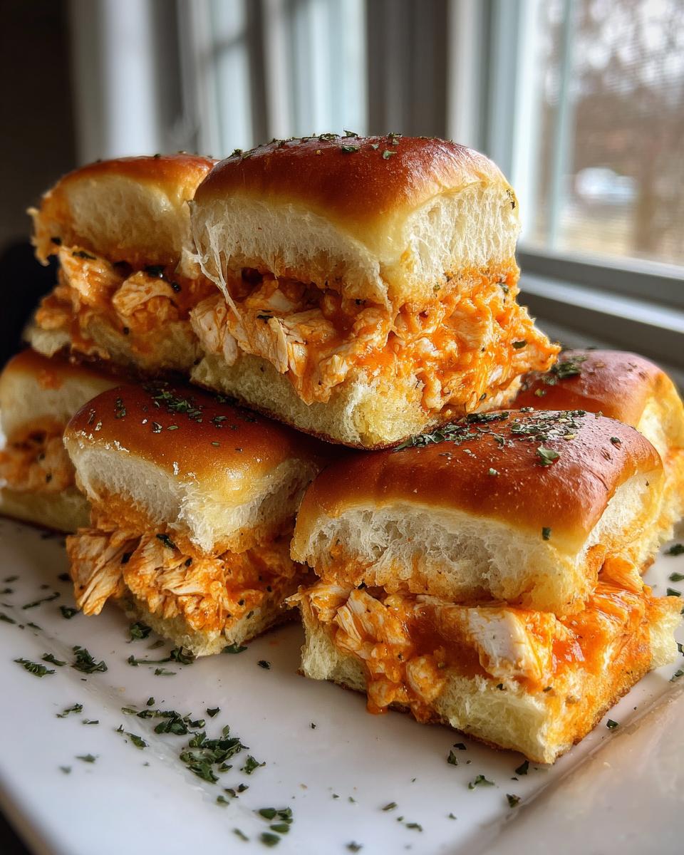 A stack of freshly made buffalo chicken sliders on a white plate, topped with herbs.