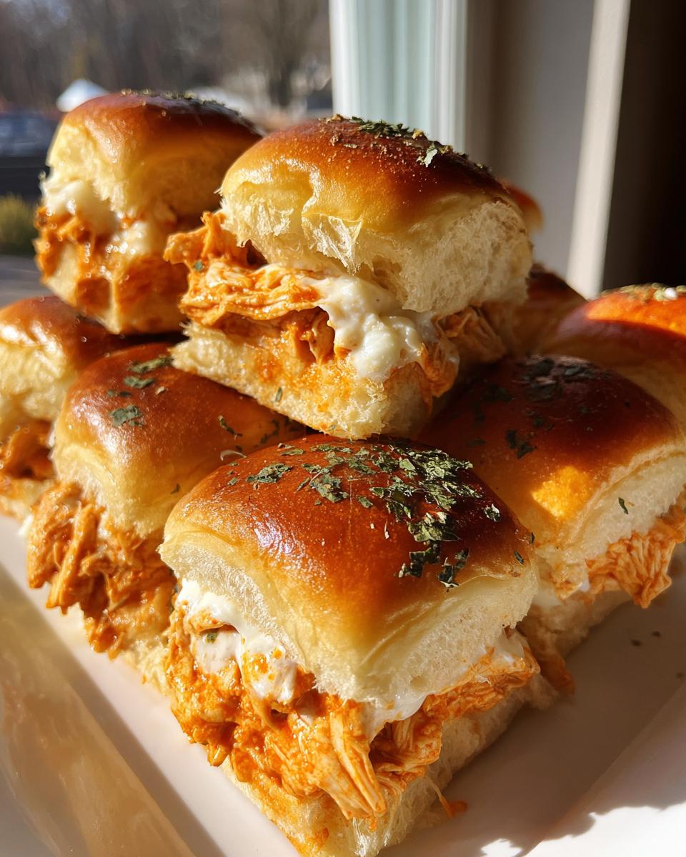 A stack of golden-brown, glossy buffalo chicken sliders filled with shredded orange chicken and white cheese, sprinkled with dried herbs.