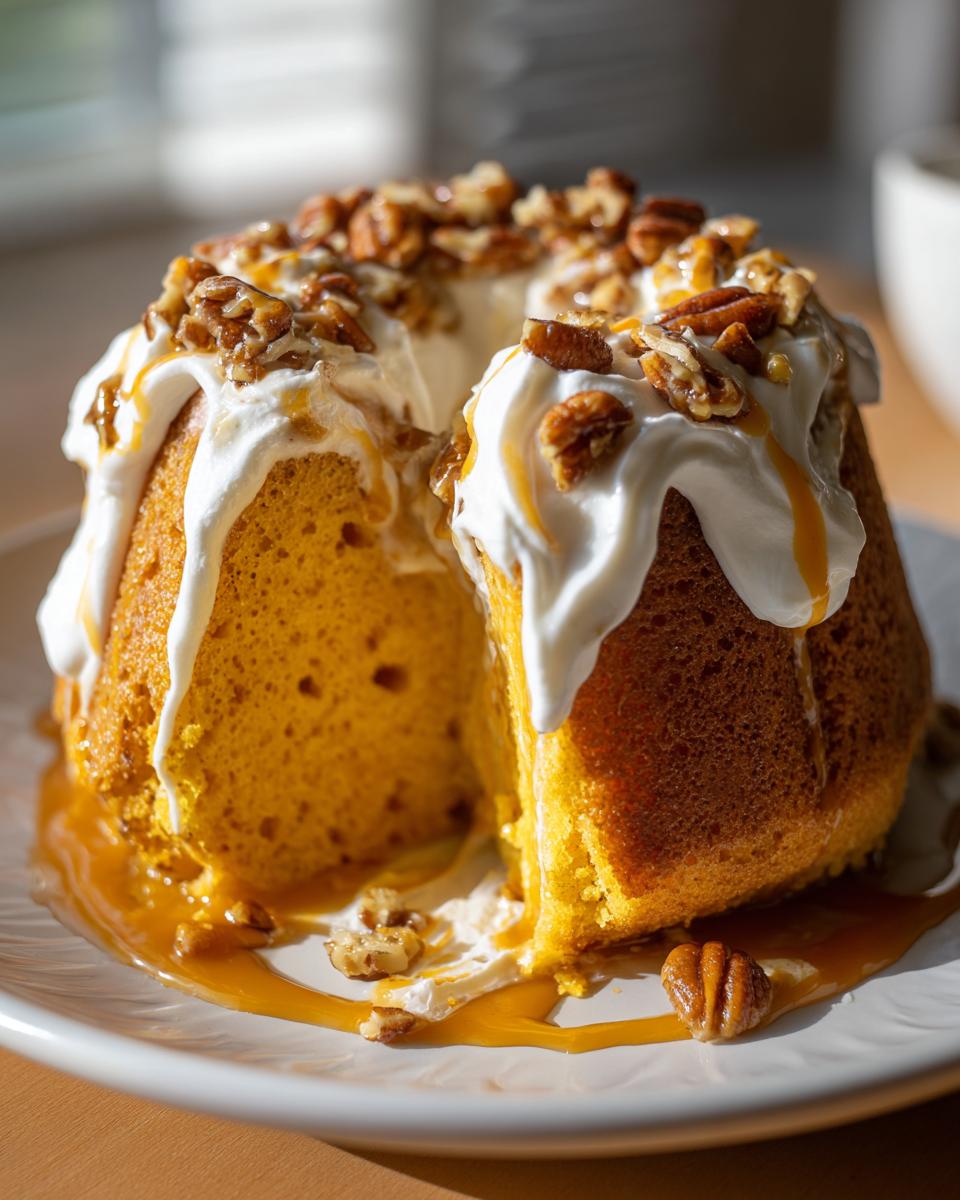 A slice removed from a bundt-style butter pecan praline poke cake, topped with whipped cream and caramel sauce.