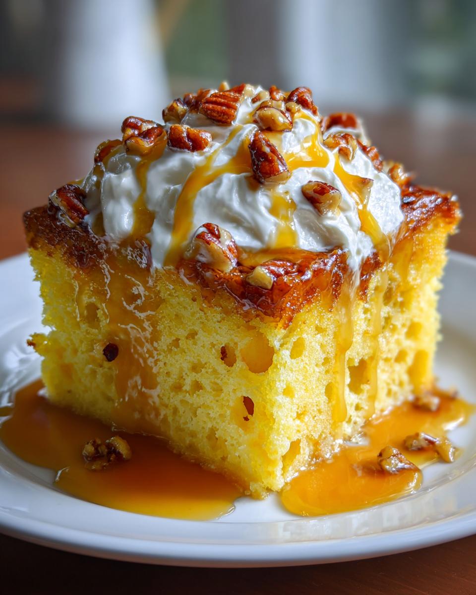 A decadent slice of butter pecan praline poke cake topped with whipped cream, caramel drizzle, and chopped pecans.