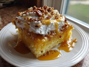 A close-up of a moist slice of butter pecan praline poke cake topped with whipped cream, caramel sauce, and chopped pecans.