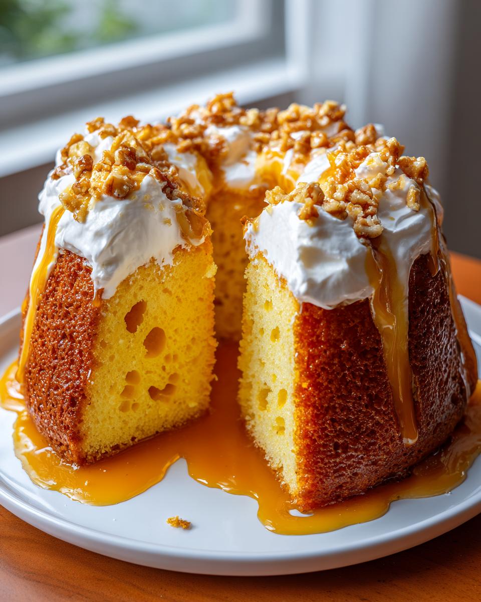 A slice cut from a butter pecan praline poke cake, topped with whipped cream, caramel drizzle, and pecans.