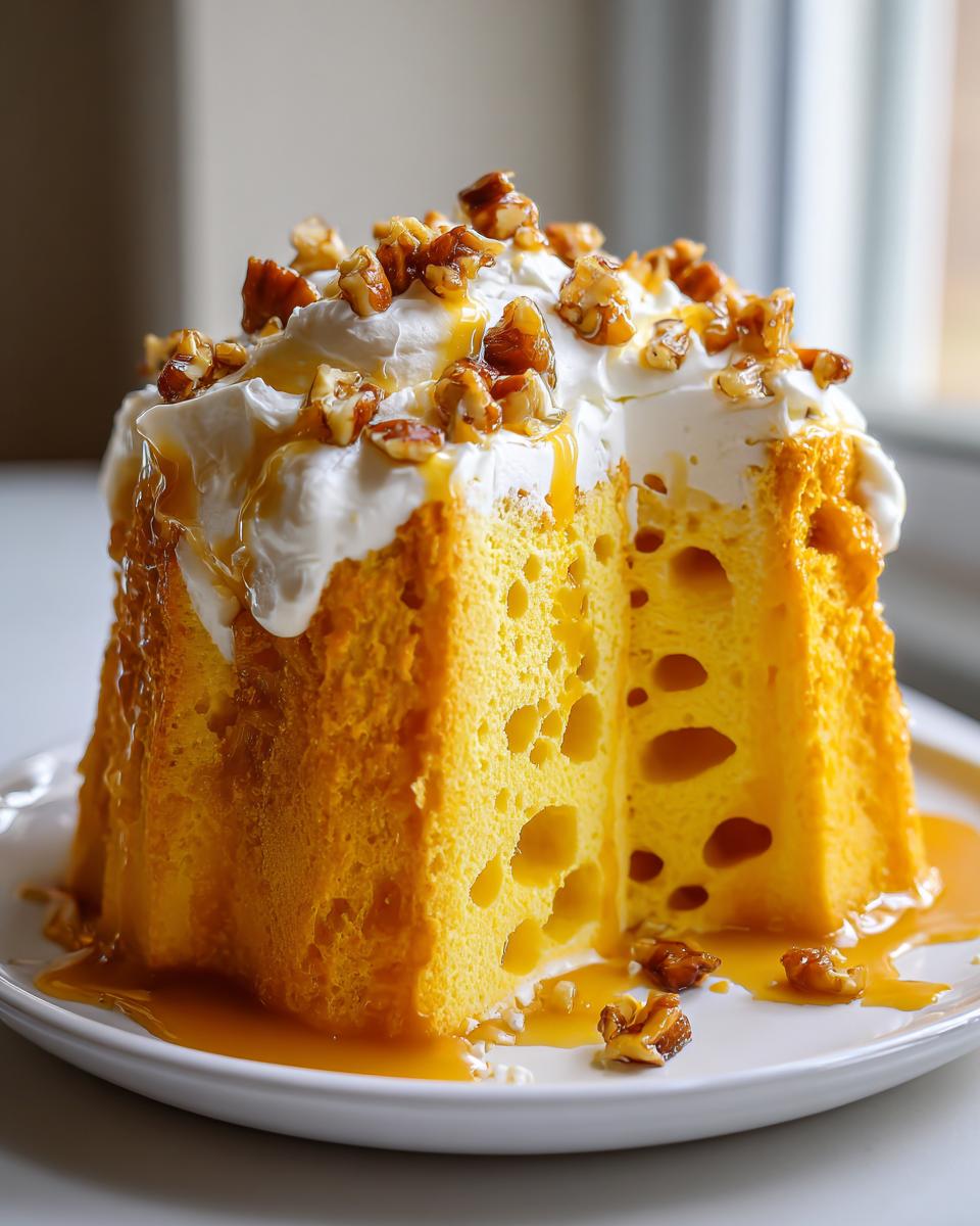 A tall slice of yellow butter pecan praline poke cake topped with whipped cream and candied pecans.