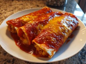 Three freshly baked cheese enchiladas smothered in red sauce and melted cheddar cheese on a white plate.