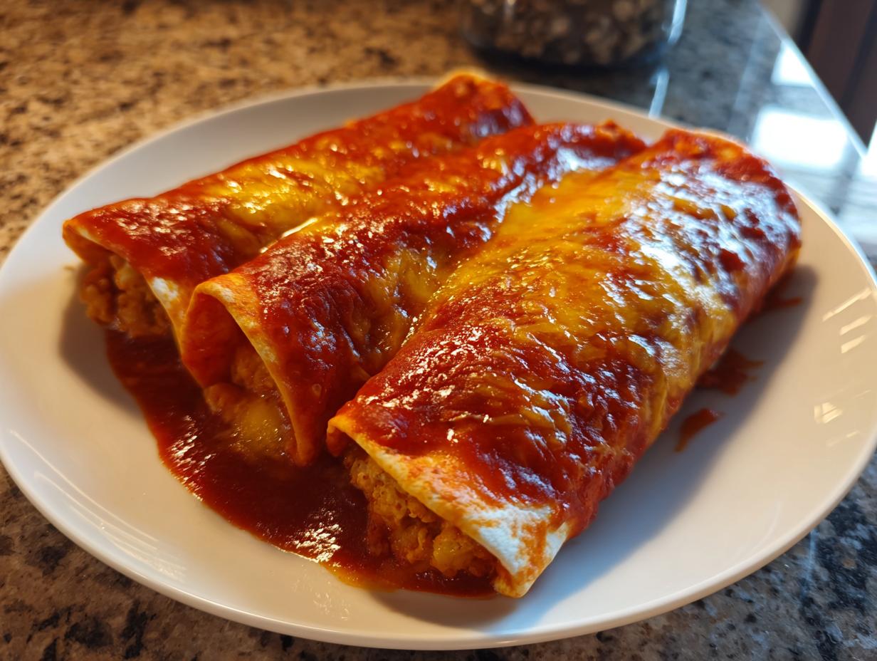 Three freshly baked cheese enchiladas smothered in red sauce and melted cheddar cheese on a white plate.