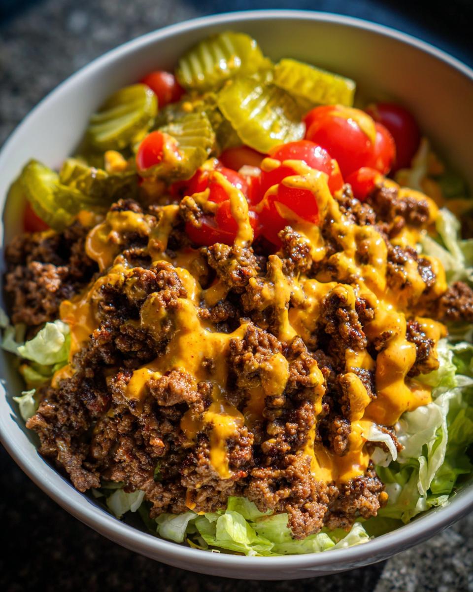 A close-up of a delicious cheeseburger bowl featuring seasoned ground beef, melted cheese sauce, lettuce, pickles, and cherry tomatoes.