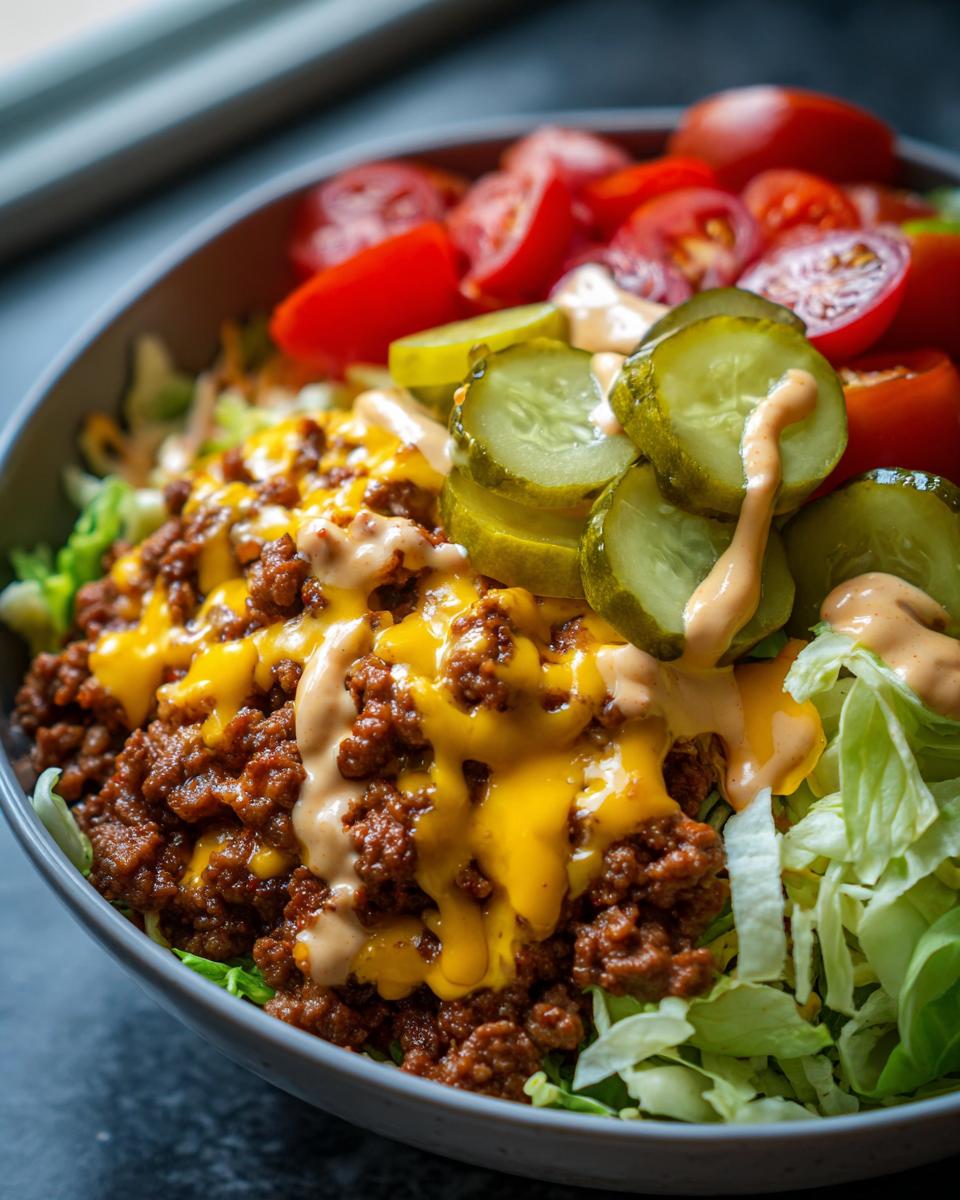 A close-up of a delicious cheeseburger bowl featuring seasoned ground beef, melted cheese, lettuce, pickles, and tomatoes.