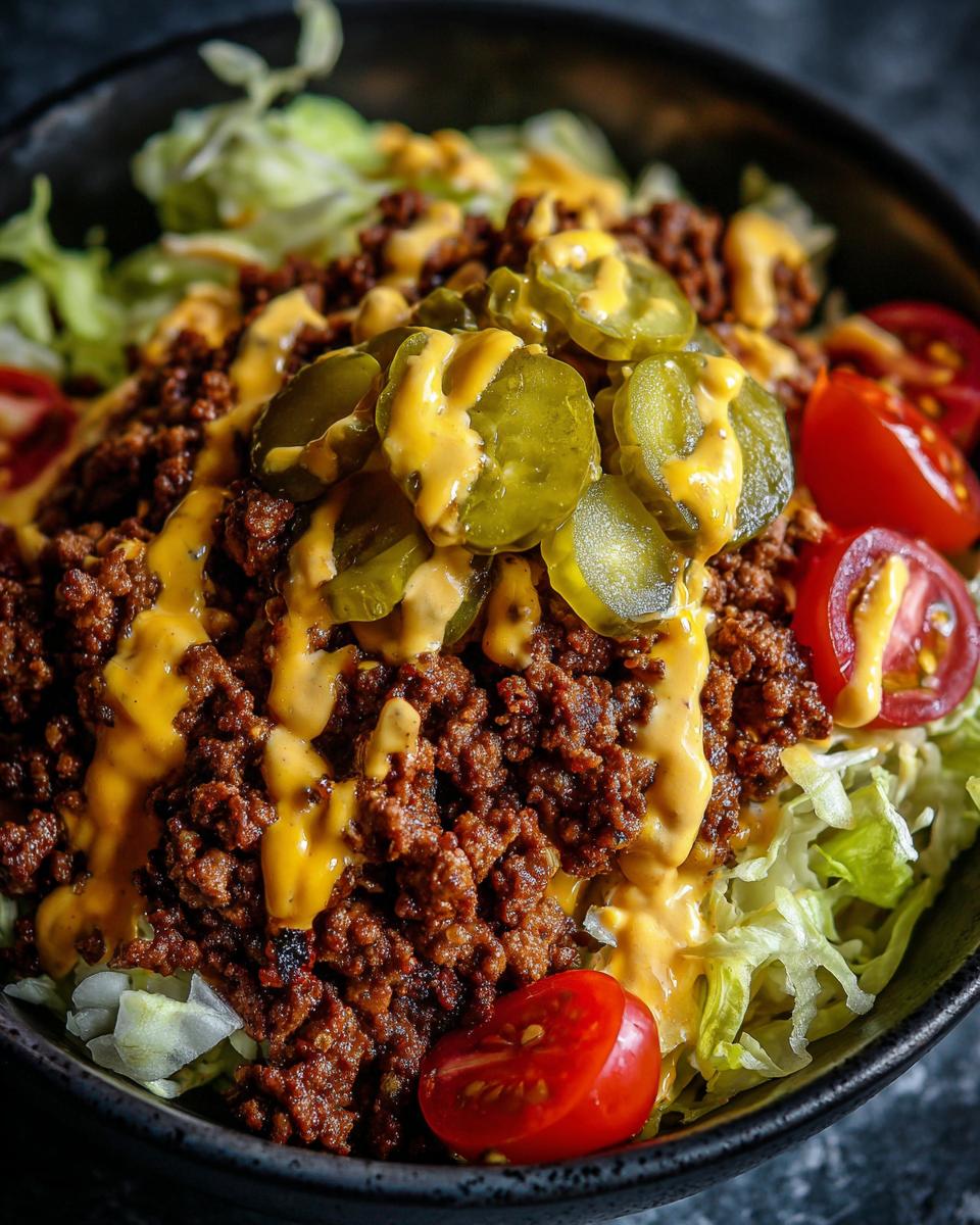 Close-up of a hearty cheeseburger bowl featuring seasoned ground beef, cheese sauce, pickles, and tomatoes over lettuce.