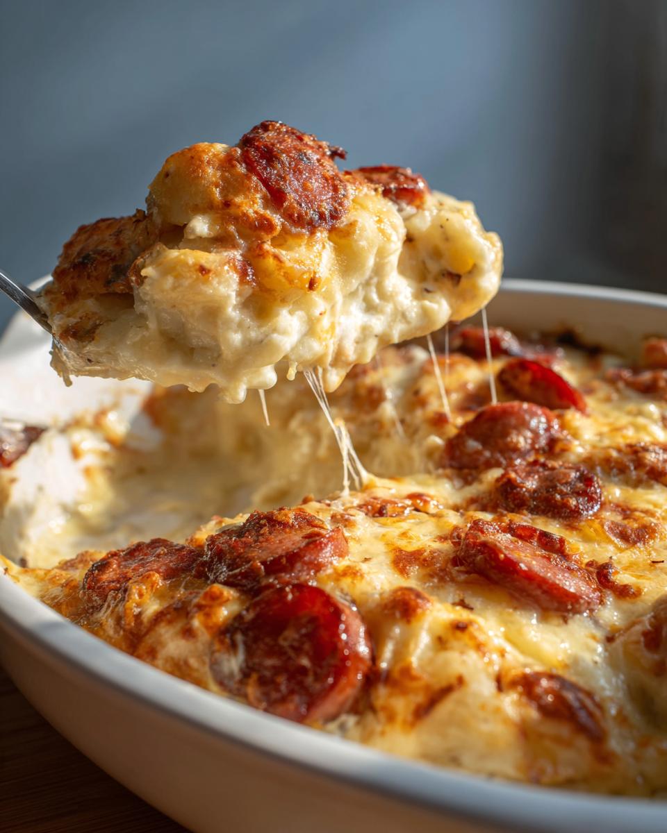 A spoonful of cheesy, bubbling pierogi casserole topped with browned sausage slices being lifted from the dish.