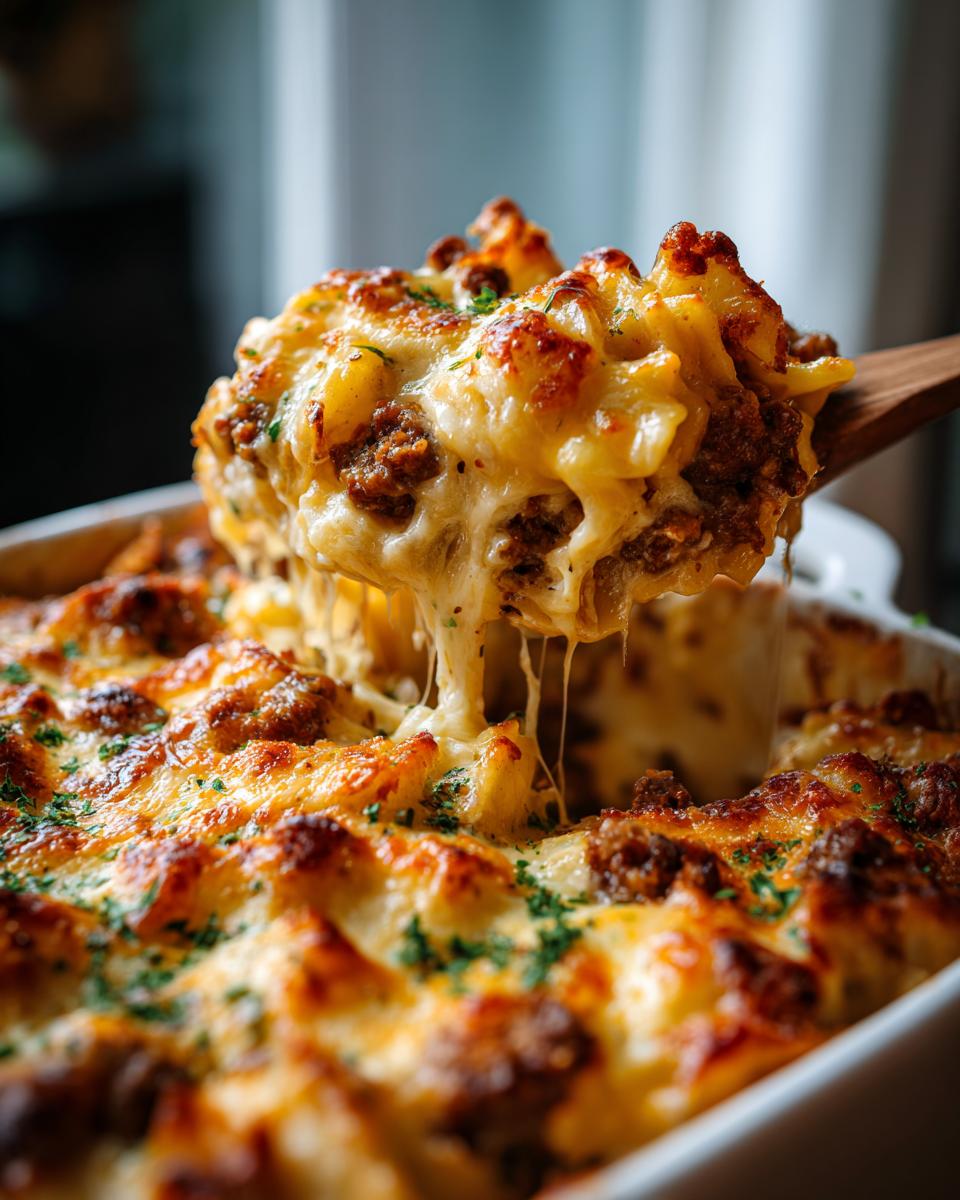 A wooden spoon lifting a cheesy, browned scoop of pierogi casserole out of a baking dish.