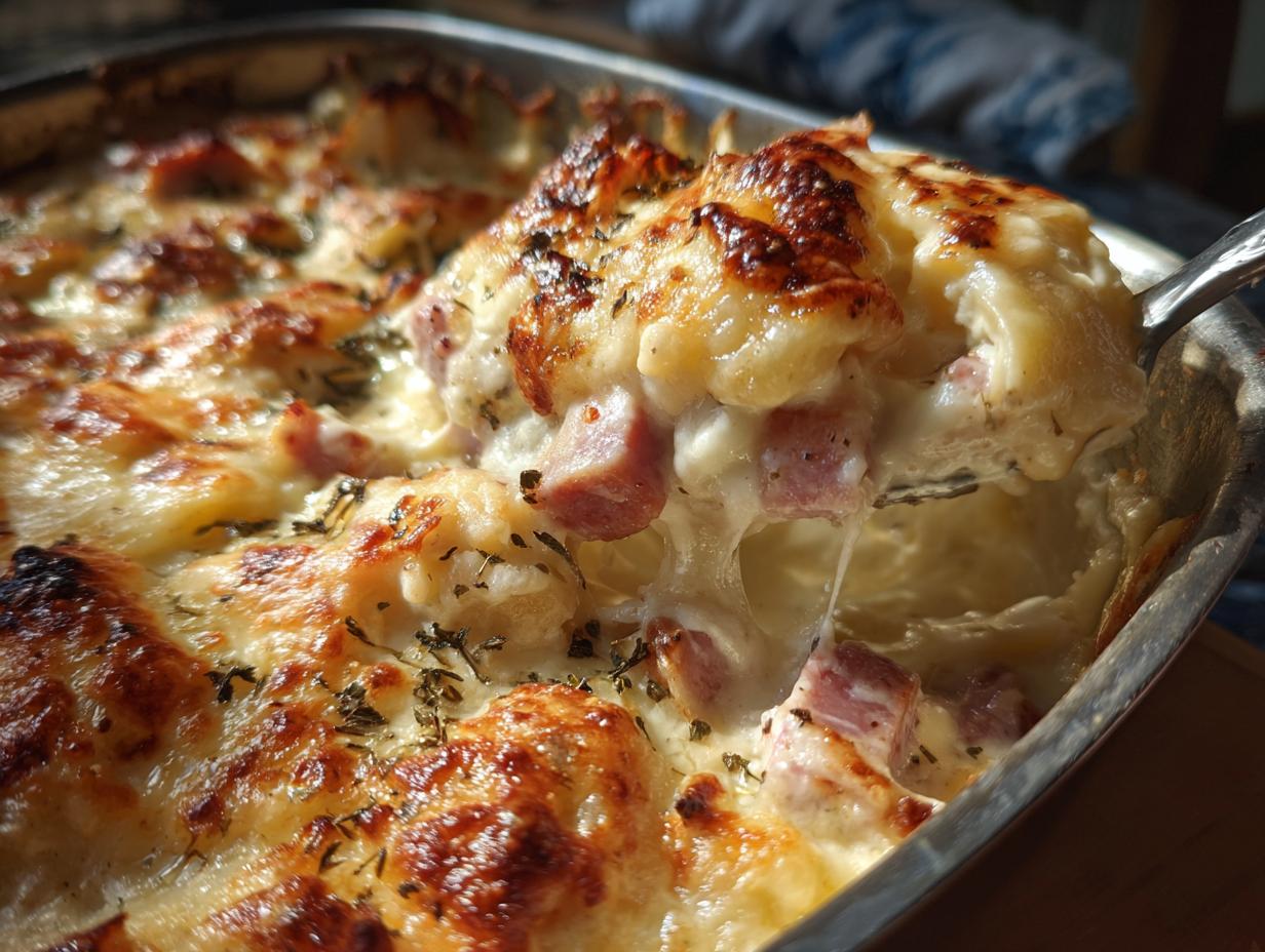 A spoonful of cheesy, bubbly pierogi casserole being lifted from the baking dish, showing ham chunks.