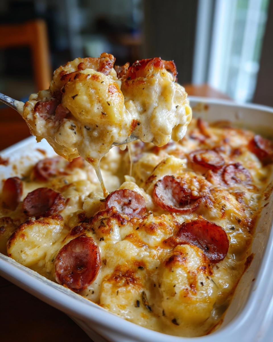 A spoonful of cheesy, baked pierogi casserole topped with sliced sausage being lifted from the dish.