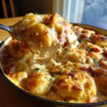 A spoonful of cheesy, bubbly pierogi casserole being lifted from a baking dish, showing melted cheese strings.