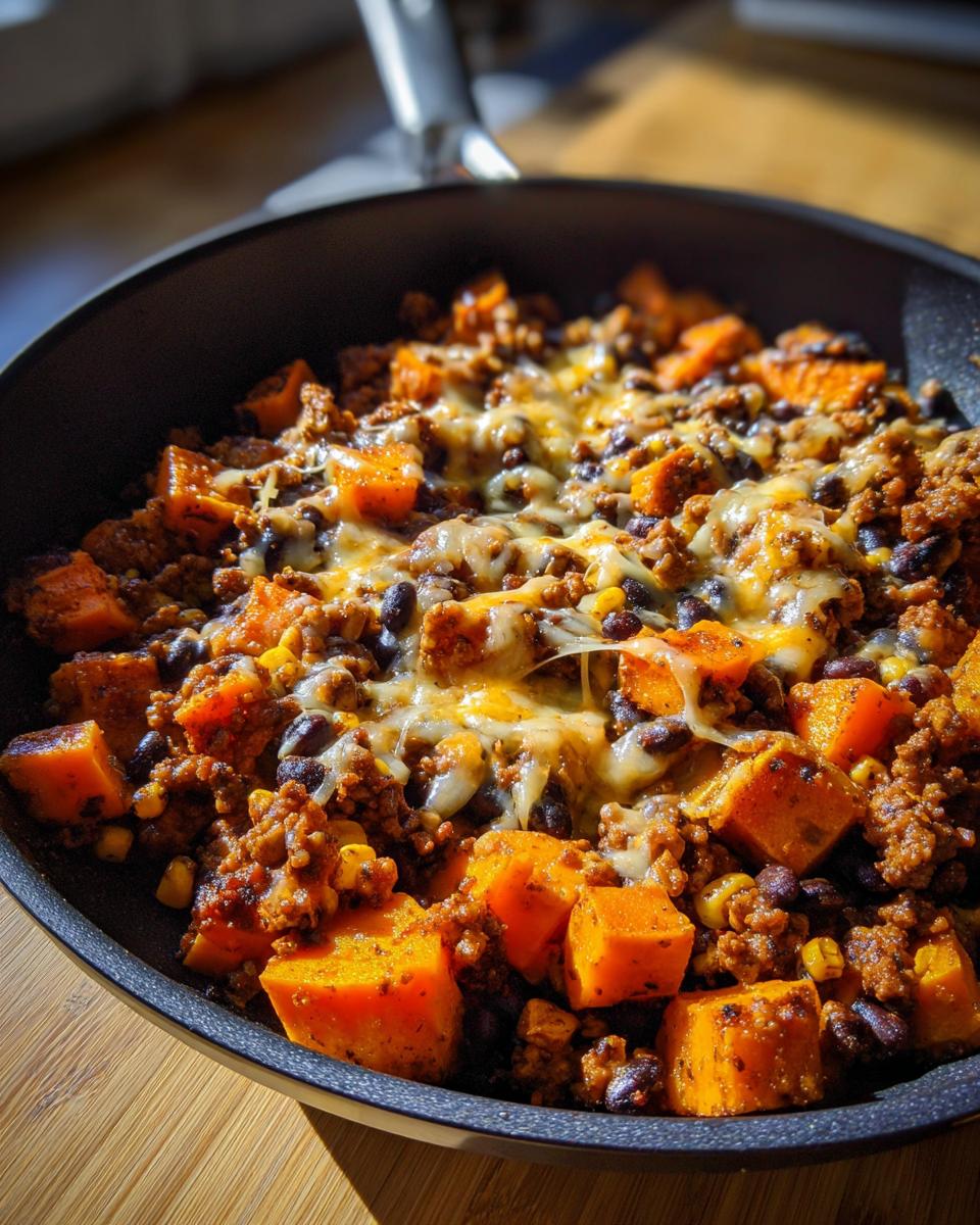 Close-up of a vibrant sweet potato skillet featuring seasoned ground meat, black beans, corn, and melted cheese topping.
