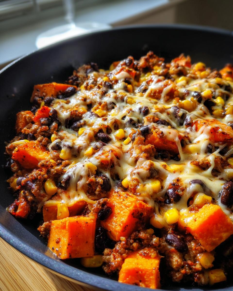 Close-up of a savory sweet potato skillet featuring chunks of orange sweet potato, ground meat, black beans, corn, and melted cheese.