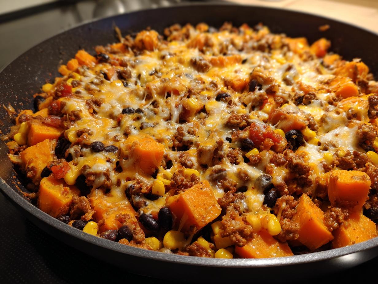 Close-up of a savory sweet potato skillet topped with melted cheese, ground meat, black beans, and corn.