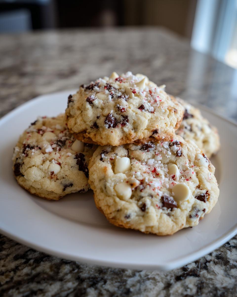 A stack of chewy peppermint chocolate chip cookies topped with white chocolate chips and crushed candy cane pieces.