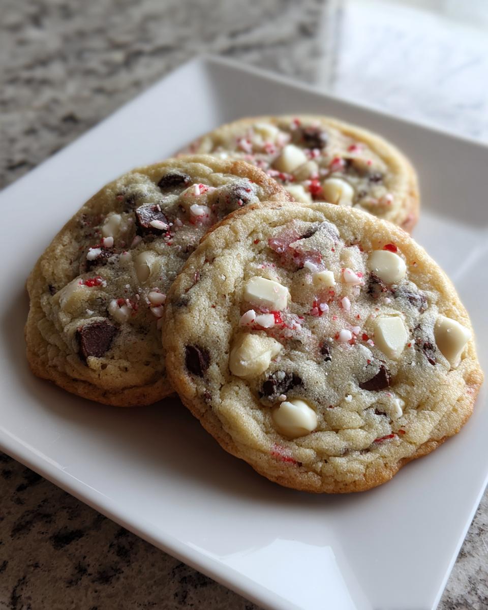 Three chewy peppermint chocolate chip cookies featuring white chocolate chips and crushed candy canes on a white plate.