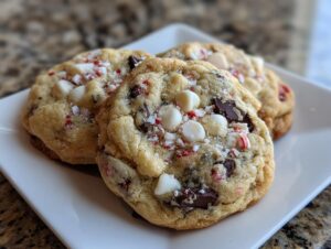Close-up of chewy peppermint chocolate chip cookies topped with white chocolate chips and crushed candy canes.
