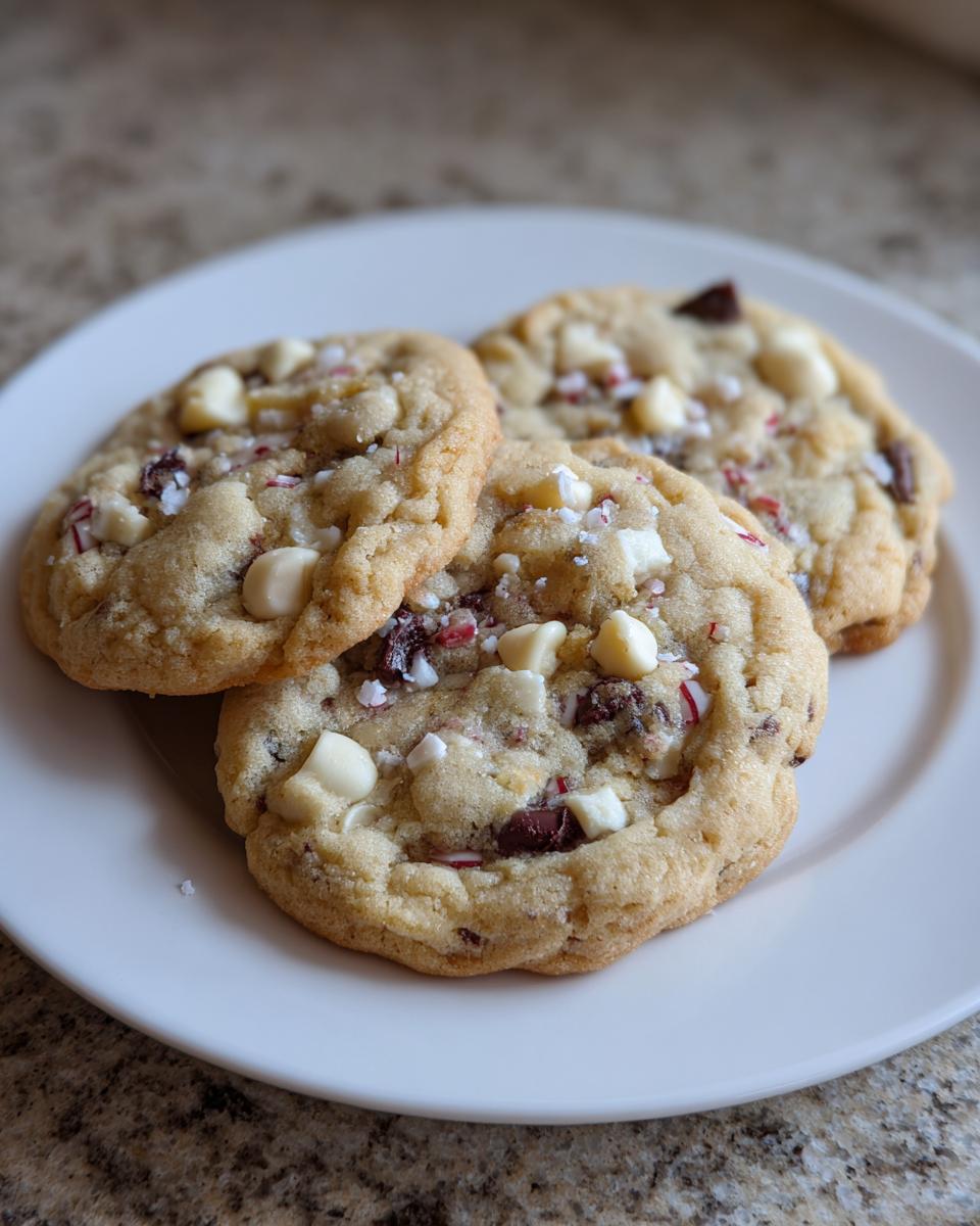 Three chewy peppermint chocolate chip cookies topped with white chocolate chips and crushed candy cane pieces on a white plate.
