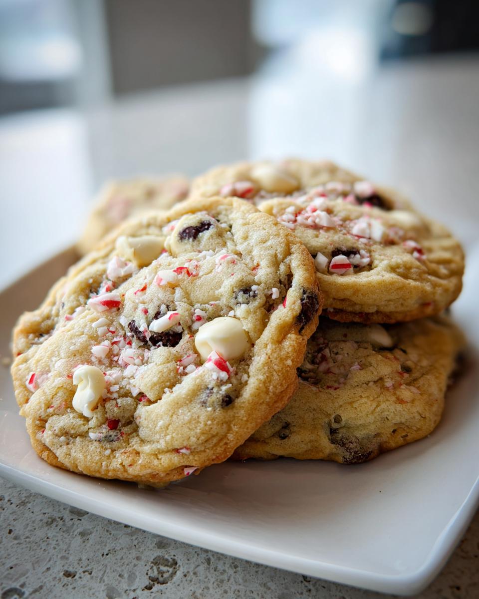 Close-up of three chewy peppermint chocolate chip cookies topped with white chocolate chips and crushed candy canes.