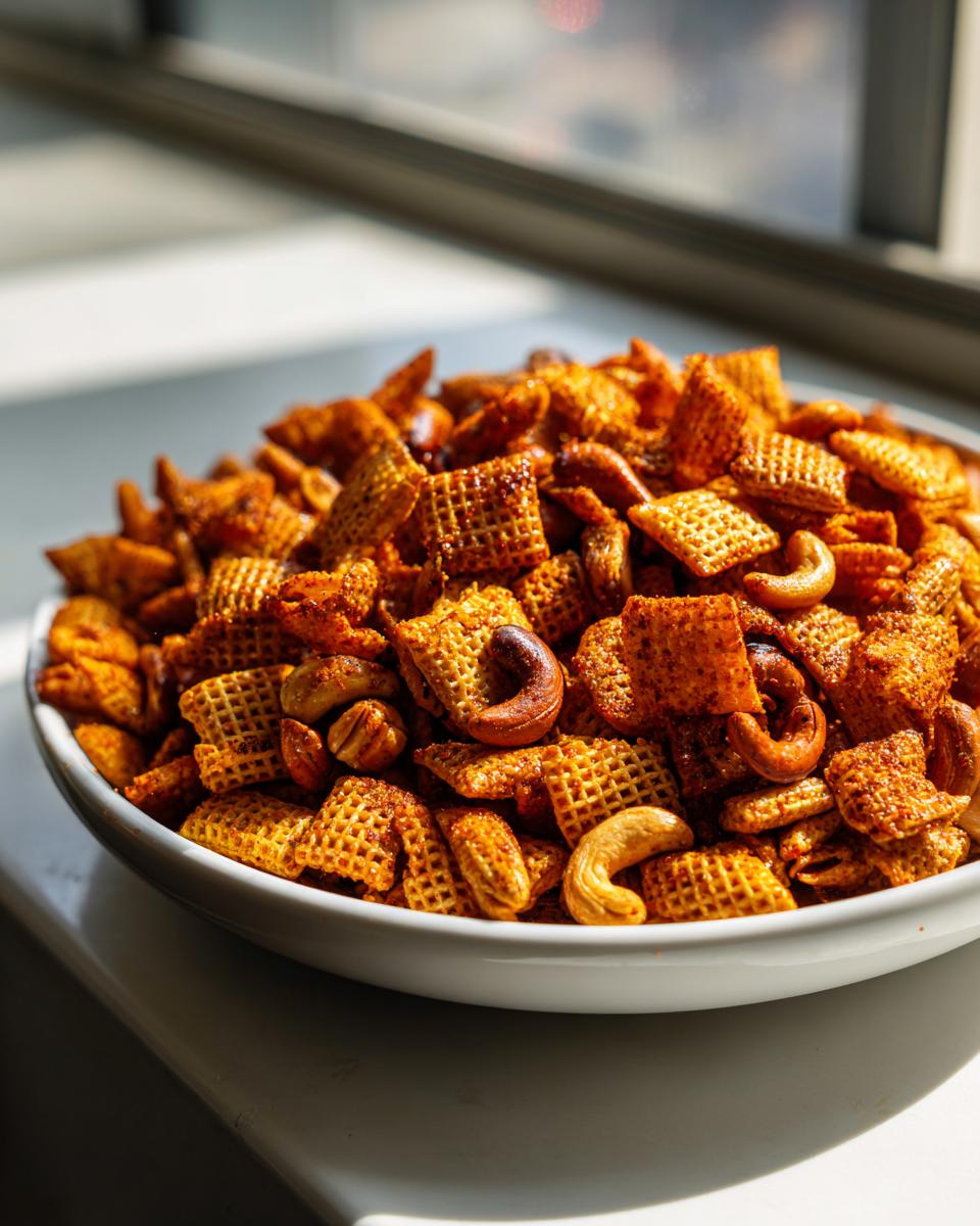 Close-up of a white bowl filled with seasoned Chex party mix, featuring cereal squares, cashews, and pretzels.