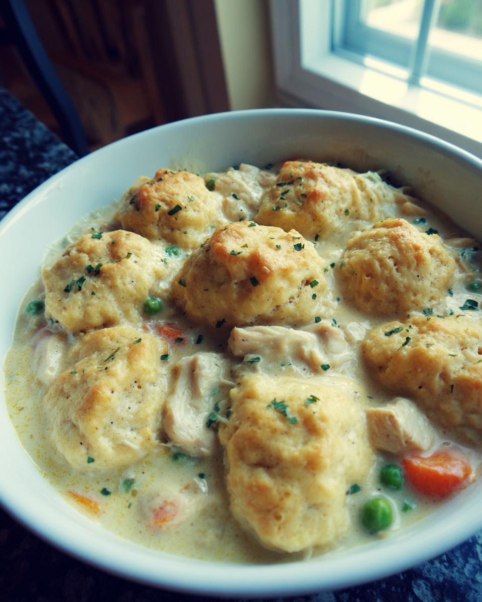 Close-up of creamy chicken and dumplings with biscuits, peas, and carrots, garnished with parsley.