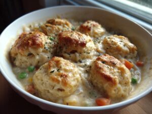 A white bowl filled with creamy chicken and dumplings with biscuits, garnished with herbs.
