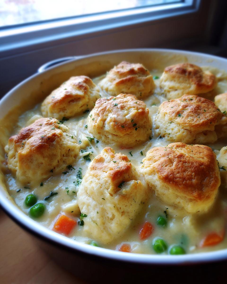 Close-up of golden biscuits topping creamy chicken and dumplings with biscuits, featuring peas and carrots.