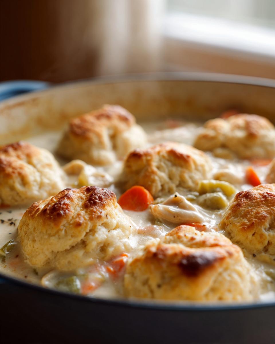 Close-up of golden brown biscuits topping creamy chicken and dumplings with visible carrots and celery.