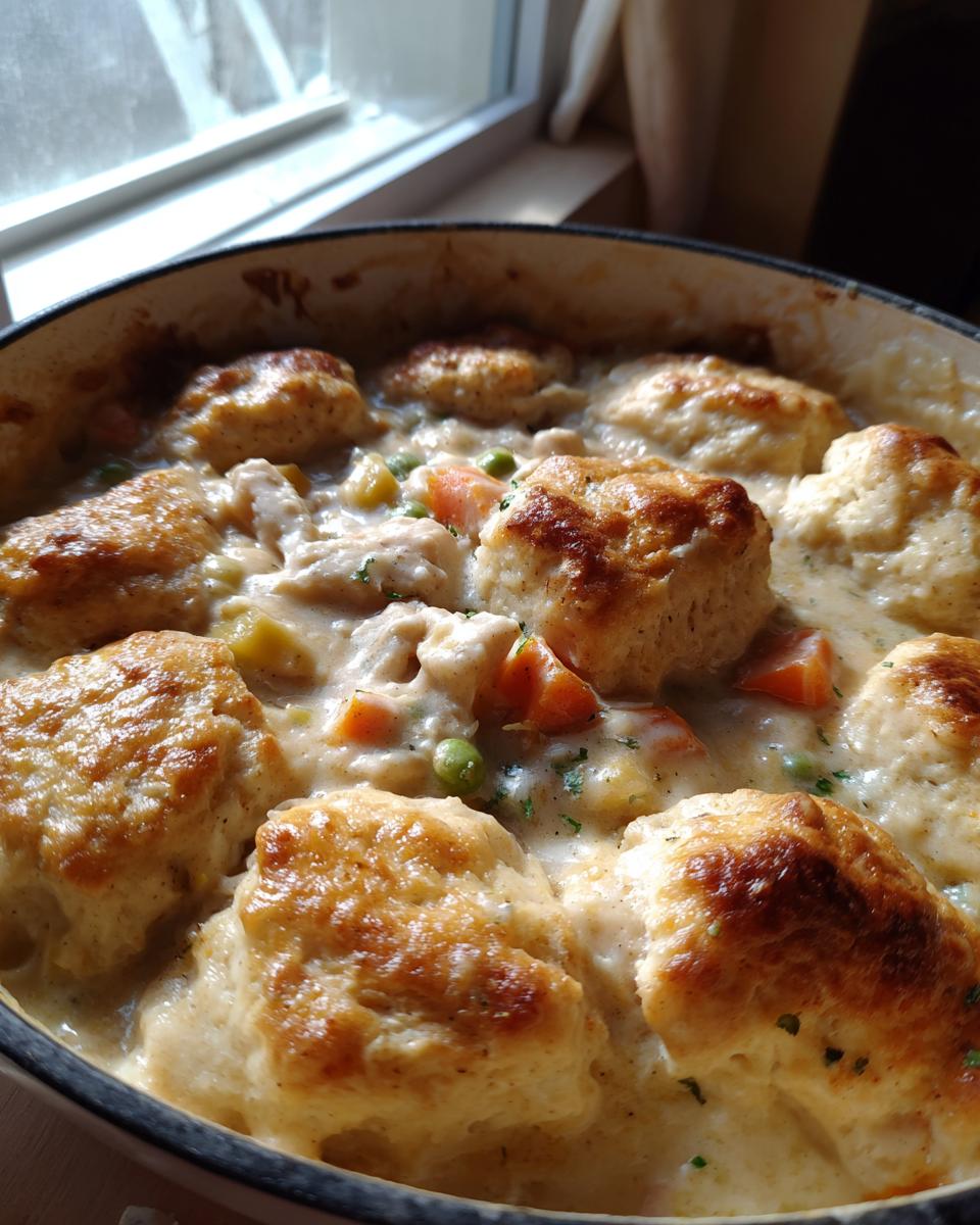 Close-up of golden-brown biscuits topping a creamy stew of chicken and vegetables in chicken and dumplings with biscuits.