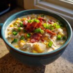 Close-up of a bowl of creamy chicken corn chowder topped with crumbled bacon and fresh green onions.