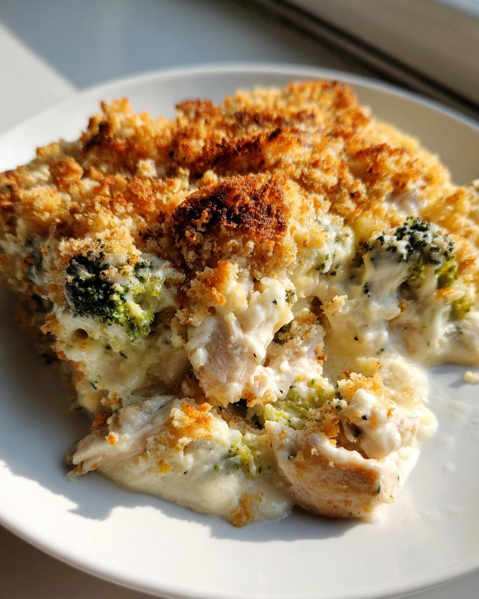 A close-up serving of Chicken Divan casserole featuring creamy sauce, chunks of chicken, broccoli florets, and a golden brown crumb topping.