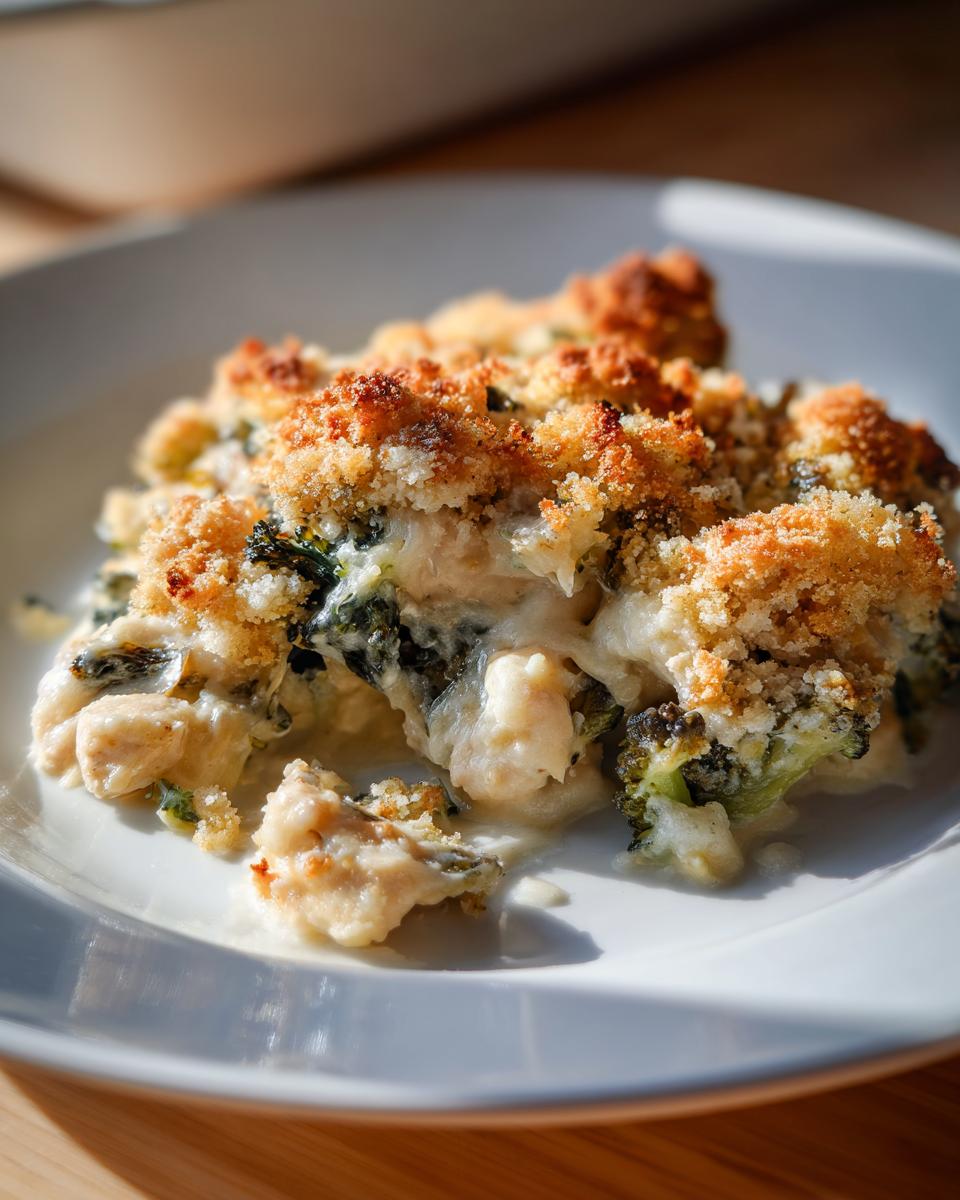 A close-up serving of Chicken Divan casserole on a white plate, featuring creamy sauce, broccoli, and a golden brown crumb topping.