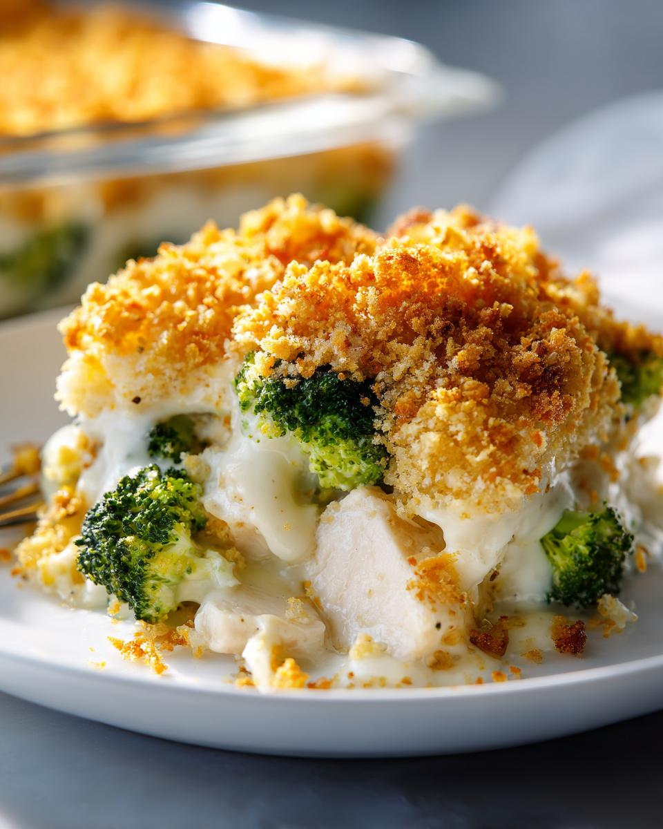 A close-up serving of Chicken Divan casserole featuring chunks of chicken, bright green broccoli florets, and a creamy sauce, topped with golden breadcrumbs.