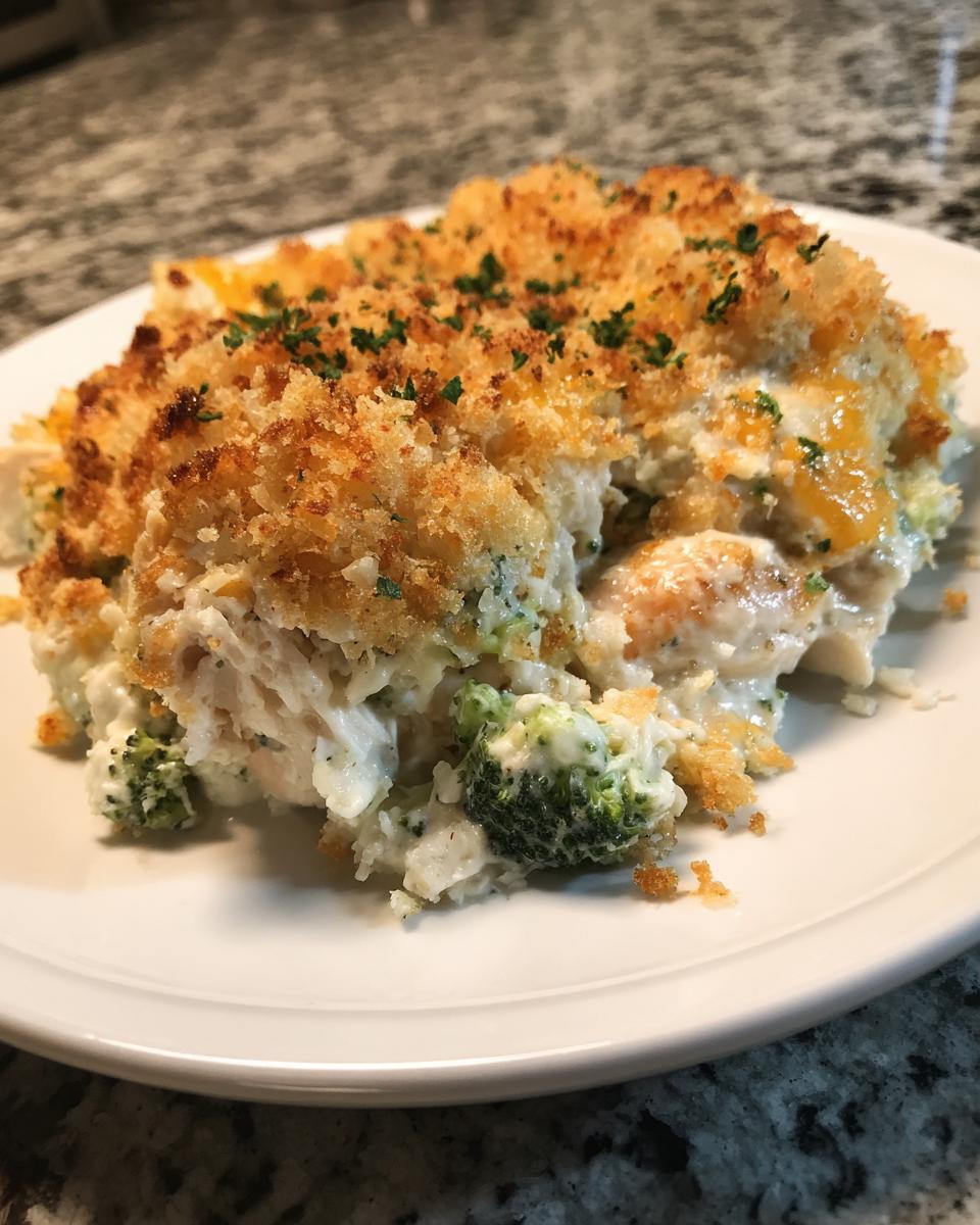 A close-up serving of creamy Chicken Divan casserole featuring broccoli, chicken, and a golden brown, crunchy breadcrumb topping.