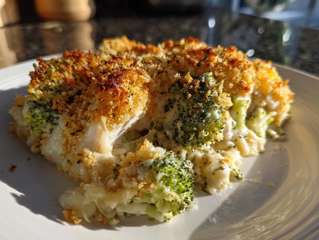 A close-up serving of creamy Chicken Divan casserole with bright green broccoli florets and a crispy, golden breadcrumb topping.