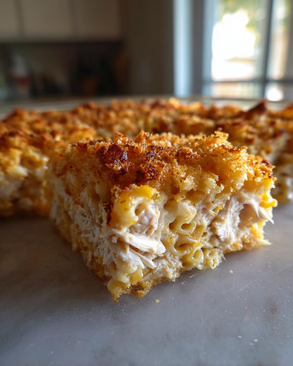 A close-up cross-section view of a hearty slice of chicken noodle casserole with a crispy topping.
