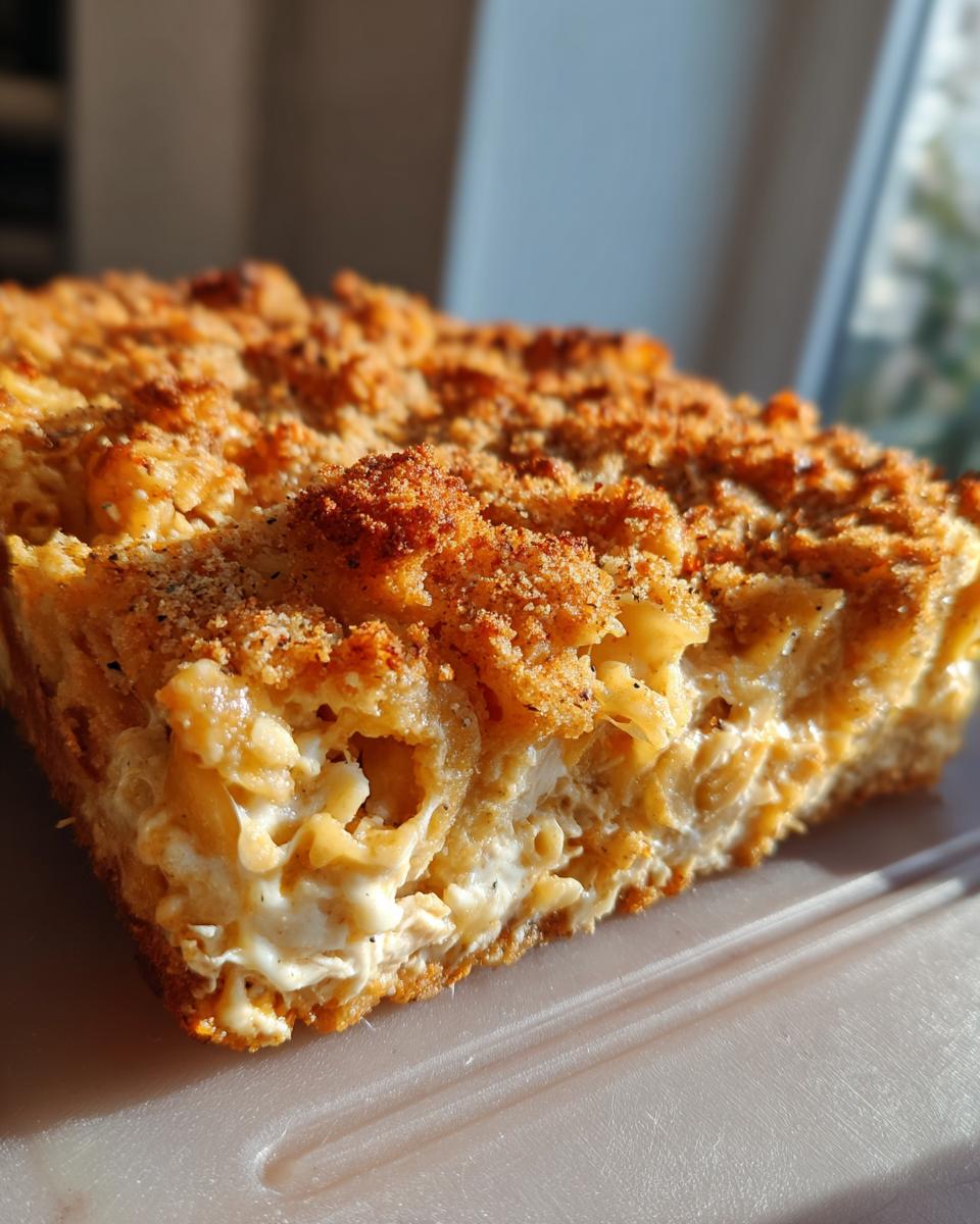 A close-up slice of creamy chicken noodle casserole with a golden, crunchy breadcrumb topping.