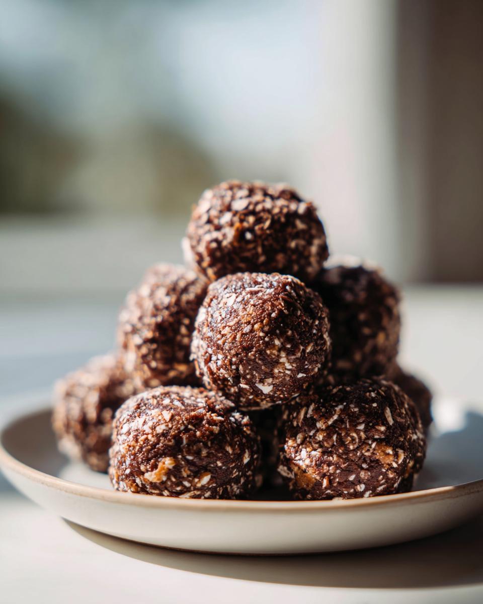 A stack of rich, dark chocolate protein balls coated in shredded coconut on a small plate.