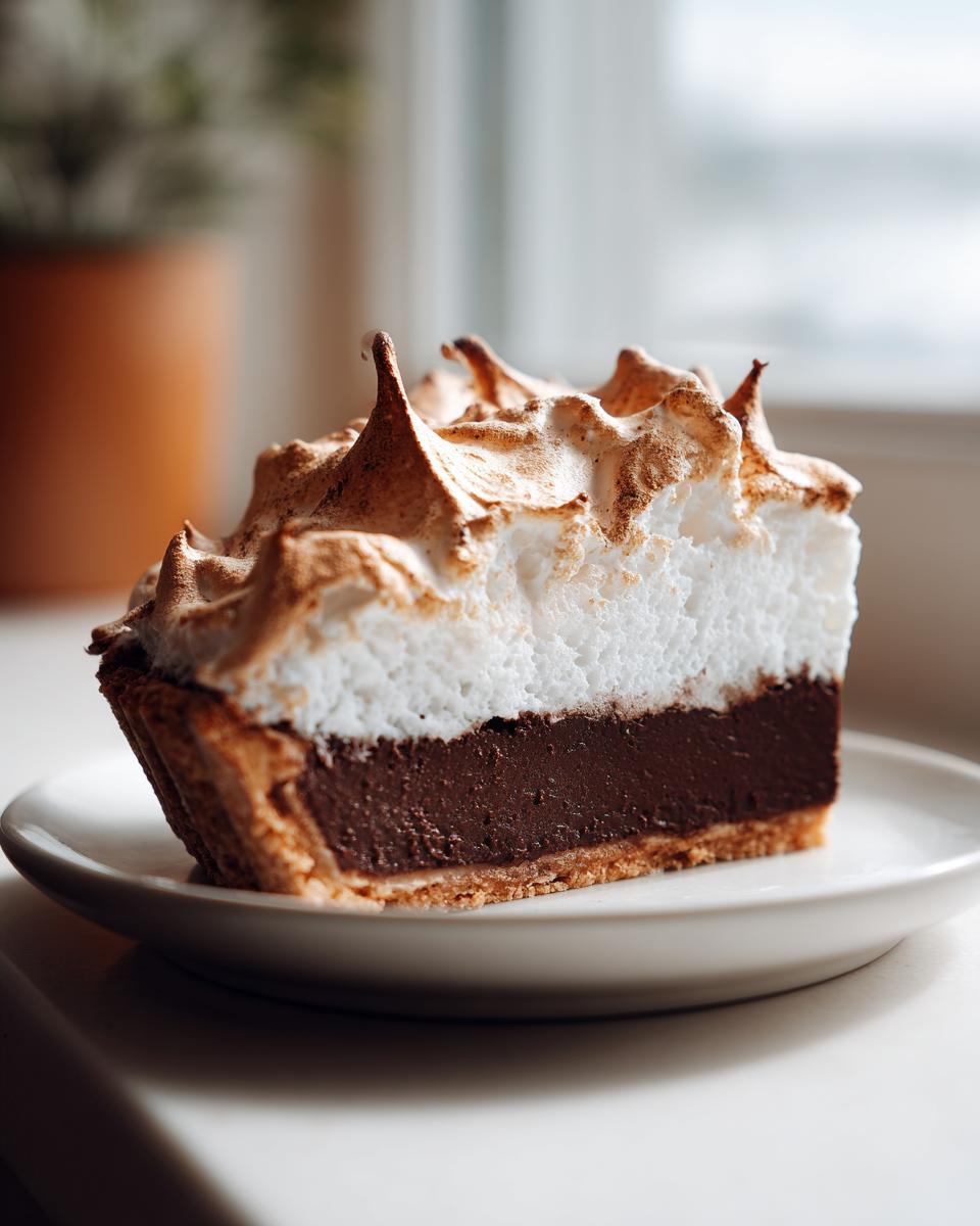 A close-up of a perfect slice of chocolate meringue pie showing the dark chocolate filling and tall, toasted meringue.