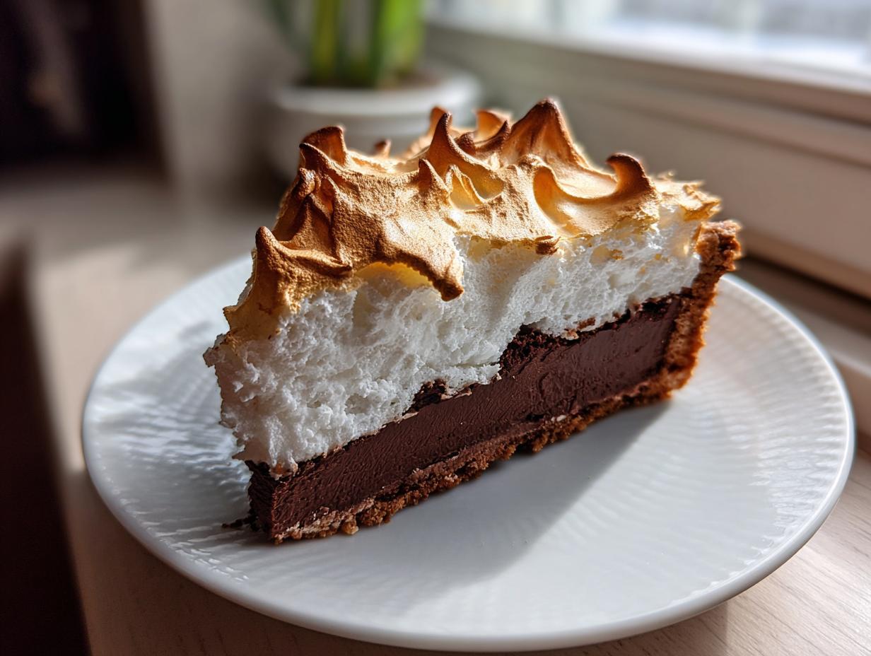 A perfect slice of chocolate meringue pie showing a thick chocolate filling and towering, perfectly toasted meringue.
