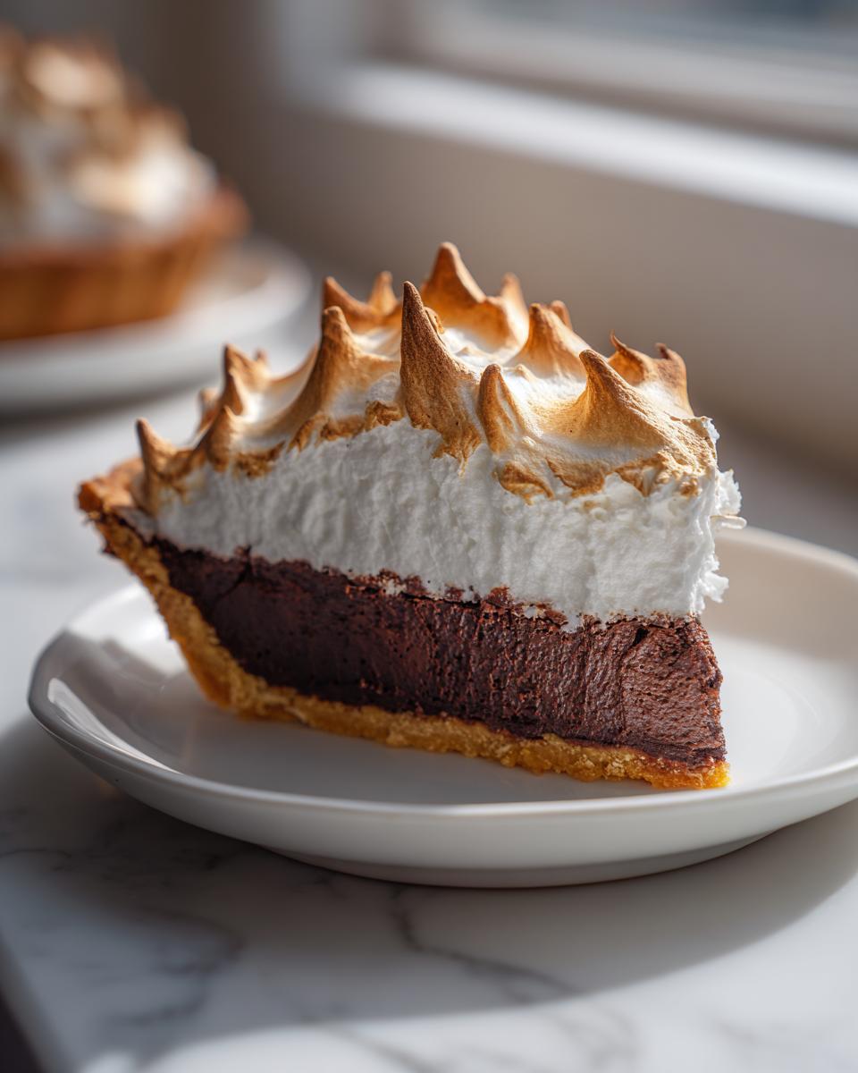 A perfect slice of chocolate meringue pie showing rich chocolate filling and tall, toasted meringue peaks.