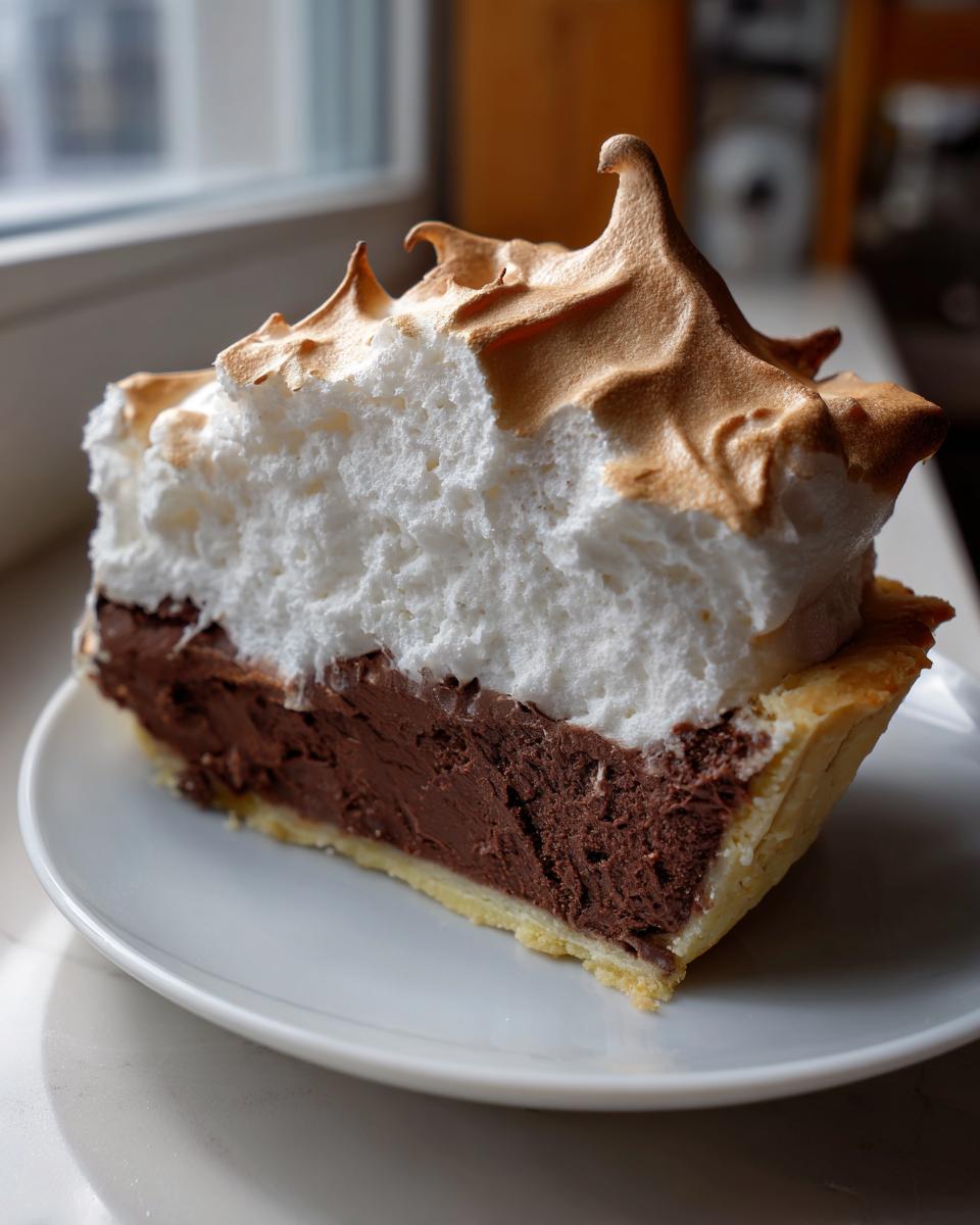 A tall slice of chocolate meringue pie showing the rich chocolate filling and high, toasted meringue topping on a white plate.