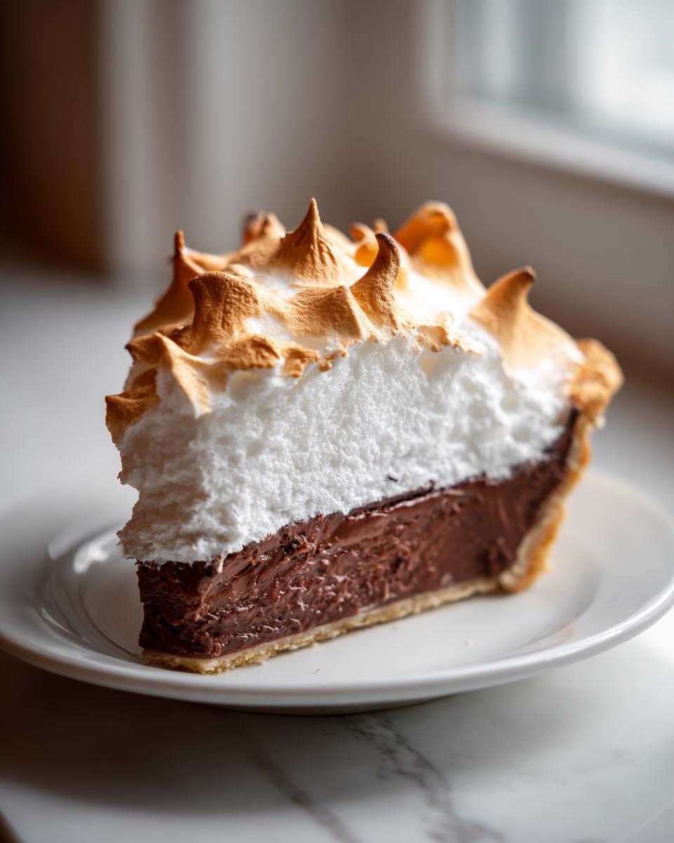 A tall slice of chocolate meringue pie featuring a thick, glossy chocolate filling and high, torched meringue peaks.