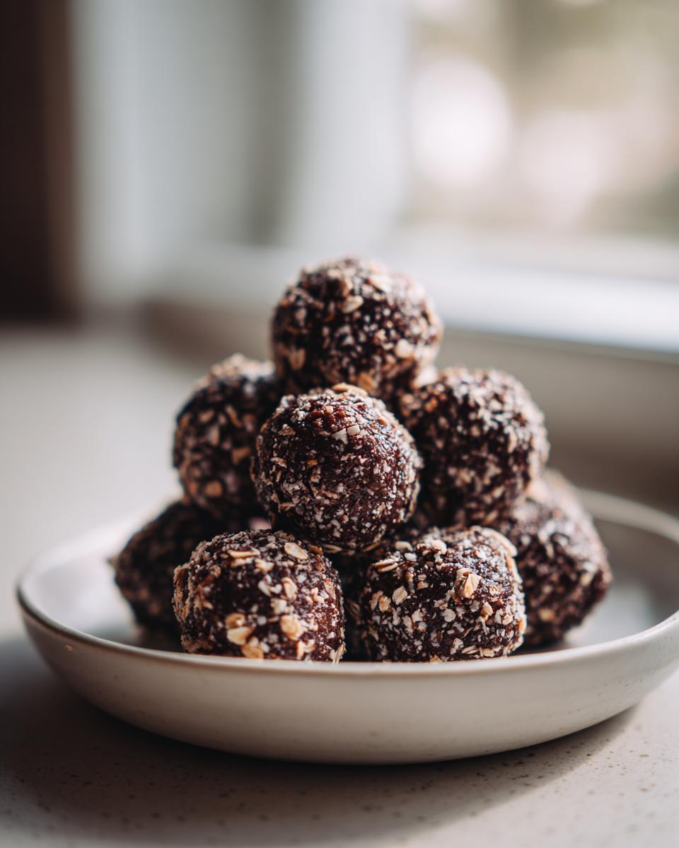A stack of dark chocolate protein balls coated in rolled oats, resting in a shallow white bowl.