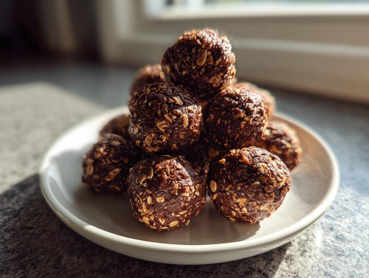A stack of dark chocolate oat protein balls piled high on a small white plate, highlighted by bright sunlight.