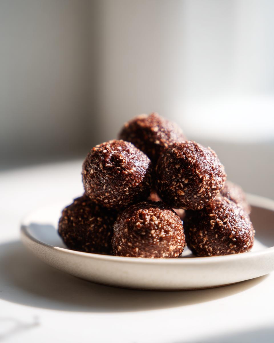 A small stack of dark chocolate protein balls coated in visible seeds, resting on a light ceramic plate.