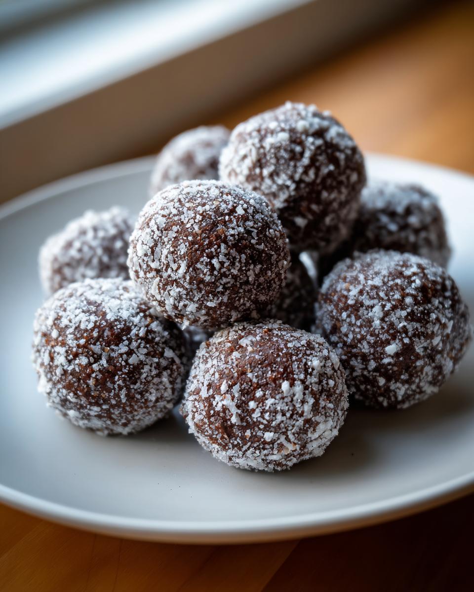 A stack of dark chocolate bourbon balls generously coated in white powdered sugar or coconut flakes, served on a white plate.