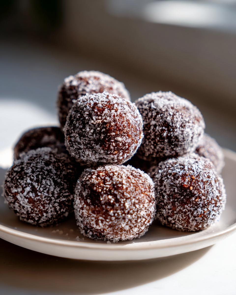 A close-up of several rich, dark bourbon balls rolled in white coconut flakes, piled on a small white plate.